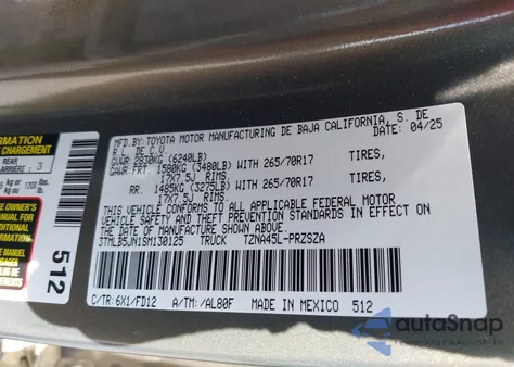 2025 Toyota Tacoma Trd Off Road 4Wd из США, поврежденный, VIN 3TMLB5JN1SM130125